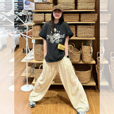 韩系夏日穿搭一整套女慵懒松弛感独特米奇印花短袖T恤阔腿裤套装
