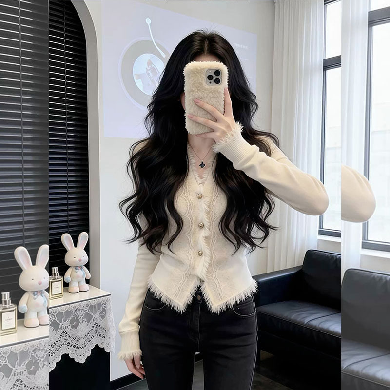 法式甜美风气质绝美杏色上衣女2026春季毛边氛围感内搭修身针织衫,女装/女士精品,大码内搭,淘宝优惠券,粉丝福利购,淘宝优惠卷