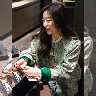 国风双面穿绿色提花外套女 巨好看圆领盘扣上衣新中式 2026春季 新款