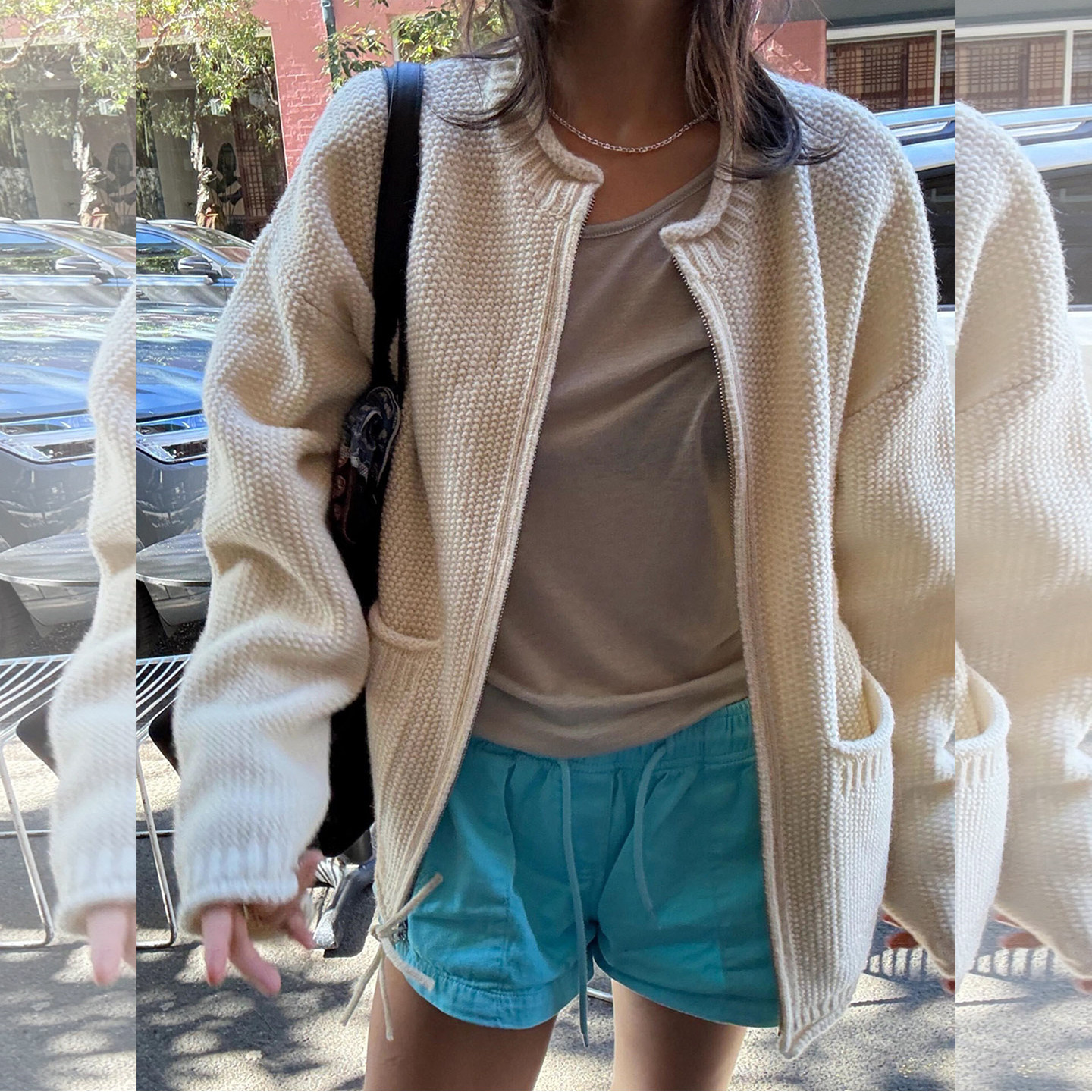 韩系松弛感拉链米白色针织开衫女早秋宽松慵懒颗粒感粗线毛衣外套