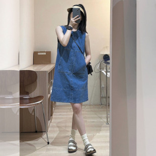 韩系超火穿搭高级感无袖 独特巨好看蓝色直筒短裙 背心连衣裙女夏季