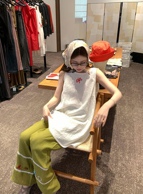 小个子刺绣棉麻背心连衣裙套装女夏季度假风叠穿绿色阔腿裤两件套