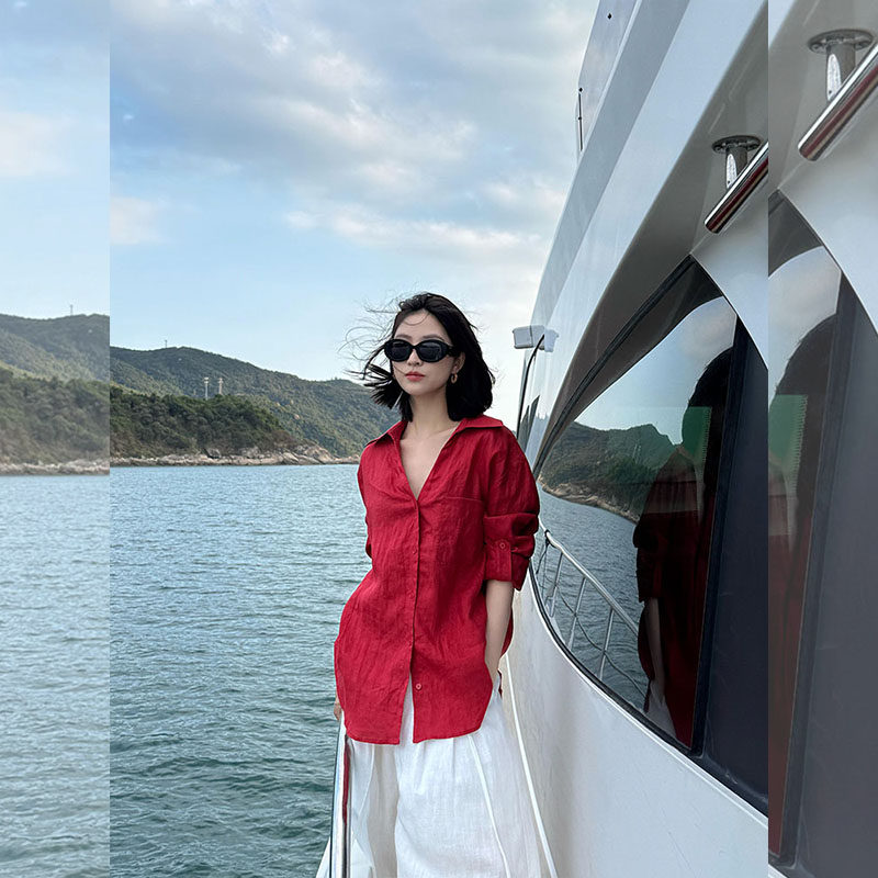 2026春季法式高级感红色长袖衬衫女巨好看时尚显瘦复古Polo领衬衣
