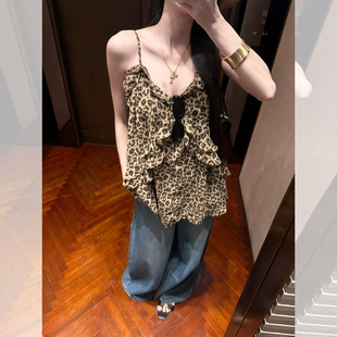甜美风穿搭不规则无袖 上衣 豹纹荷叶边轻柔吊带背心女法式 2026夏季
