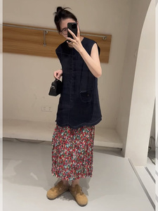 夏装搭配一整套时尚慵懒松弛感穿搭亚麻背心碎花半身裙套装女夏季