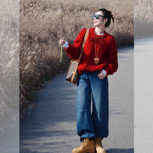 套装 冬季 跨年搭配红色麻花毛衣女士巨好看新年战袍针织上衣阔腿裤