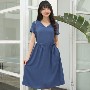长款 夏季 纯色高腰显瘦棉绸居家裙人造棉短袖 V领连衣裙 大摆裙 女装