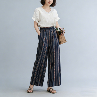色织条纹亚麻裤子舒爽垂感休闲裤