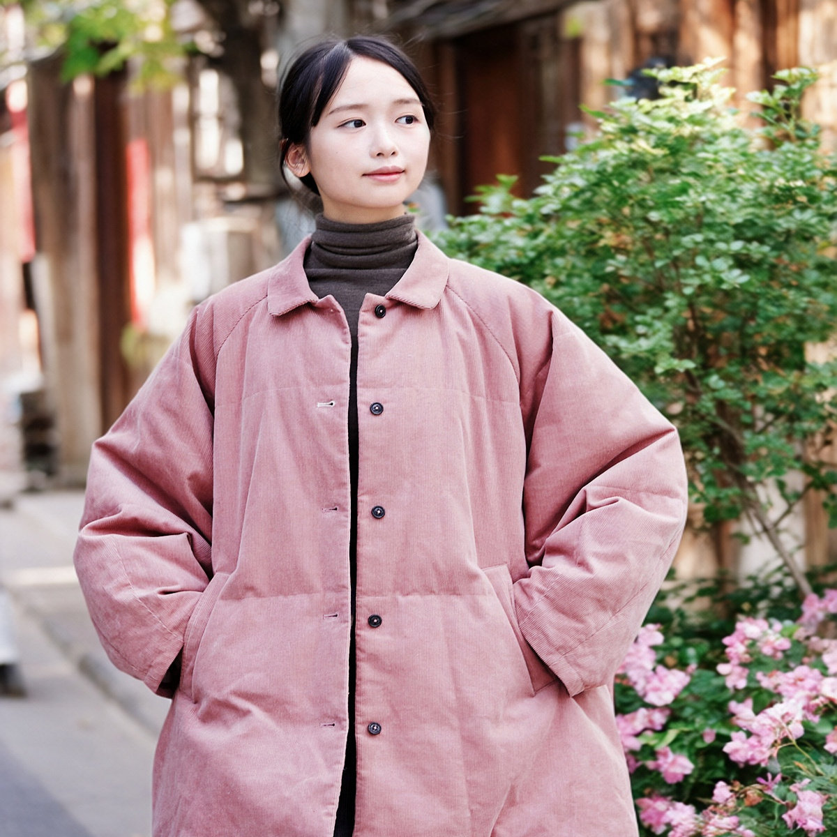 壹旧秋冬款樱花粉保暖加绒加厚宽松翻领衬衫式羽绒服女外套