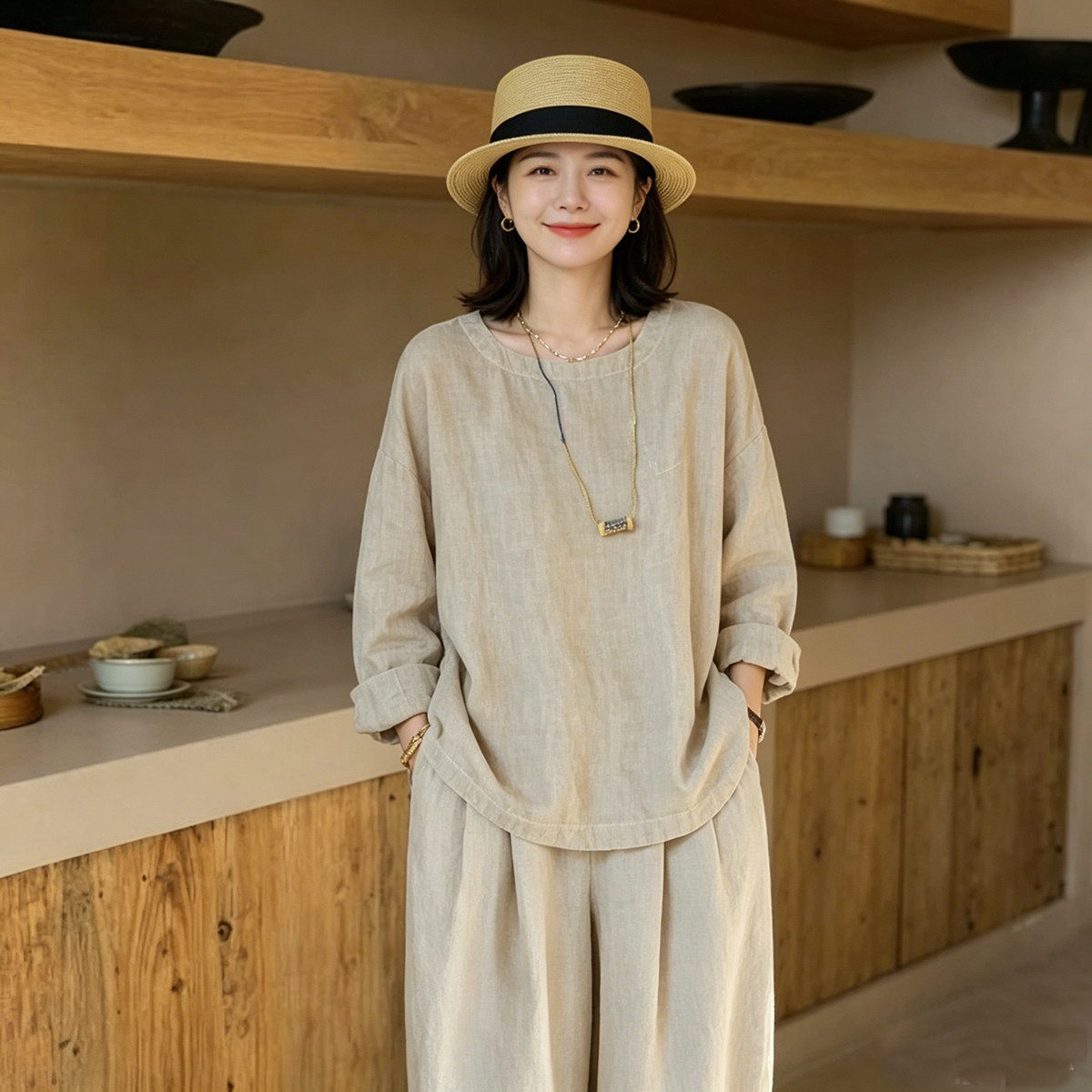 2026春夏秋新品亚麻半松紧宽松阔腿休闲微吊裆九分裤长T套装