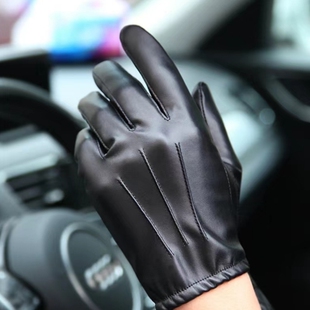 秋冬季皮手套男士薄款触屏开车驾驶骑行摩托车手套pu皮加绒修手款