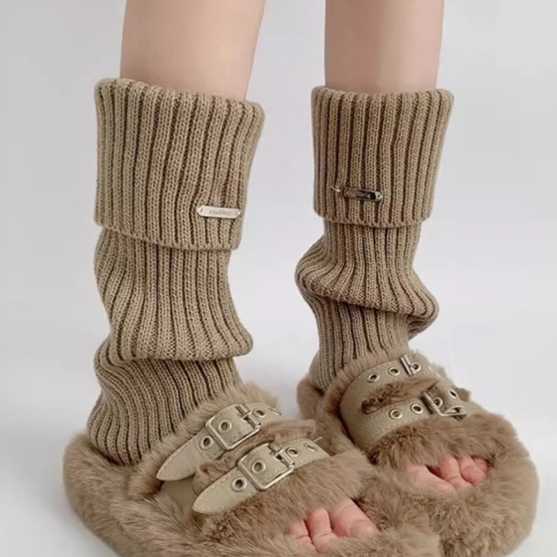 秋冬宽松腿套日系少女百搭金属标堆堆袜套保暖针织美腿鞋套长筒袜