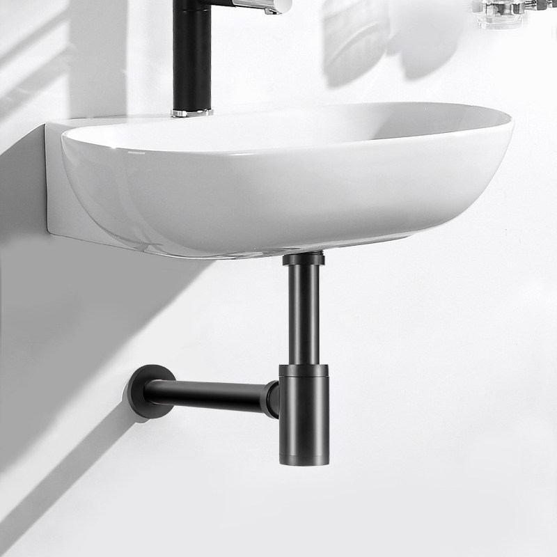 黄铜入墙式墙排下水管 洗脸洗手盆排水管配件台盆下水器黑色防臭