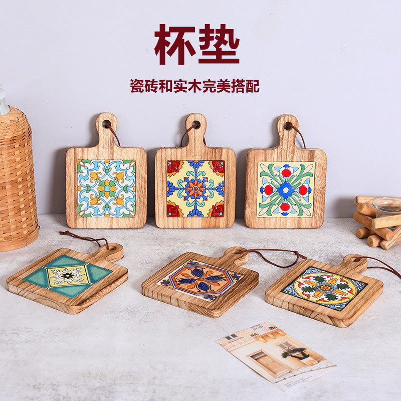 复古杯垫餐桌垫方形带把手实木瓷砖隔热锅垫木质防烫砂锅垫汤锅垫