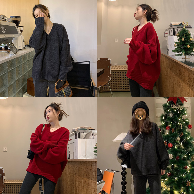 ［3.3折清货］V领针织套头上衣慵懒风韩版宽松毛衣外套女大码秋冬