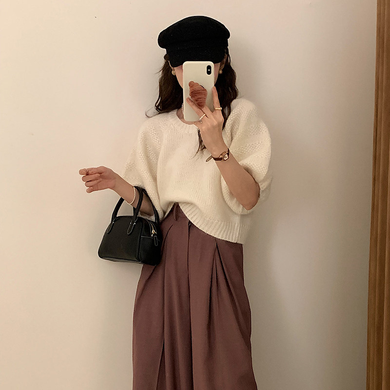 MEIMEI梁美美慵懒风韩版宽松短袖针织毛衣外套女大码软糯秋冬