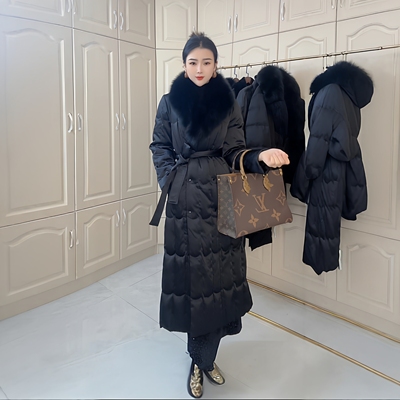 高端长款真狐狸毛领收腰鹅绒服女