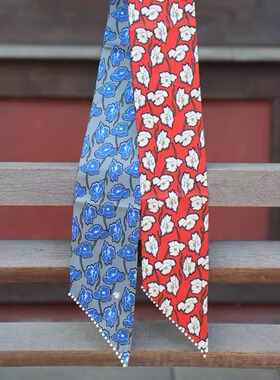 100%真丝斜纹丝绸双面双层法式印花花卉手工钉珍珠边长丝巾飘带