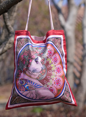 肖像猫 桑蚕丝春夏设计印花个性百搭通勤日常单肩手提真丝包