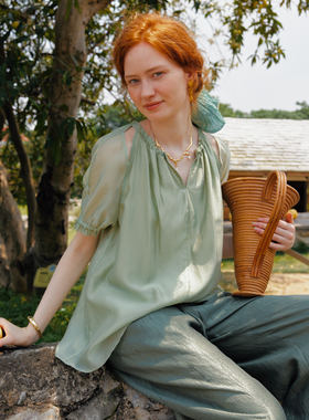 Te by frigidOrg 24春夏新款天丝麻薄纱镂空泡泡袖上衣休闲假日