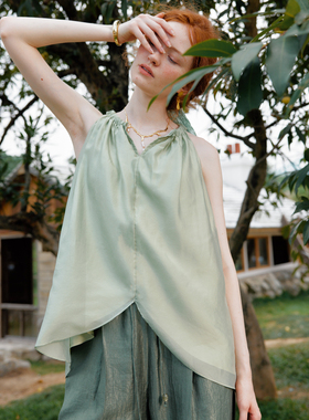 Te by frigidOrg 24春夏新品绿色自然系薄纱挂脖上衣舒适休闲假日