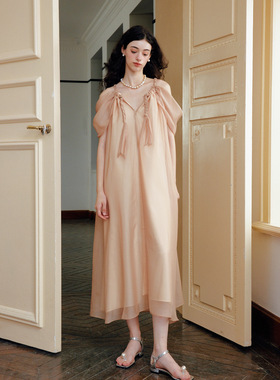 Te by frigidOrg 24新品落日情人 贝壳袖编织挂脖薄纱连衣裙仙气