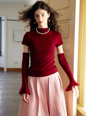 Te by frigidOrg 23秋冬 立领高弹针织上衣圣诞红纯欲千金感少女