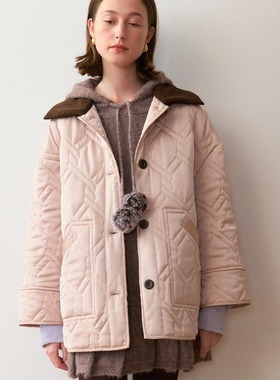 Te by frigidOrg 24秋冬罗纹领麻花格纹珩棉粉色外套 少女巴恩风