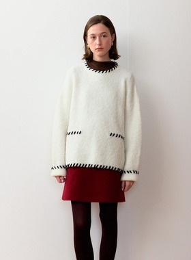 Te by frigidOrg24秋冬新品 撞色手绣边装饰套头圈圈毛羊毛衫简约