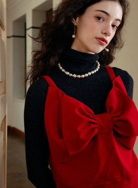 Te by frigidOrg 23秋冬双层蝴蝶结装饰吊带背心红色蝴蝶结圣诞红