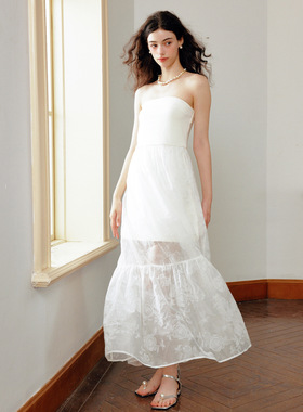 Te by frigidOrg 24早春 绿窗系列植绒玫瑰薄纱弹力抹胸长裙仙气