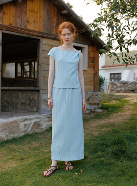 【董洁同款】Te by frigidOrg春夏格纹针织扭肩T恤套装 高弹针织