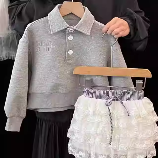 女童两件套装2025秋装新款时髦洋气儿童韩系宽松卫衣蕾丝蛋糕裙