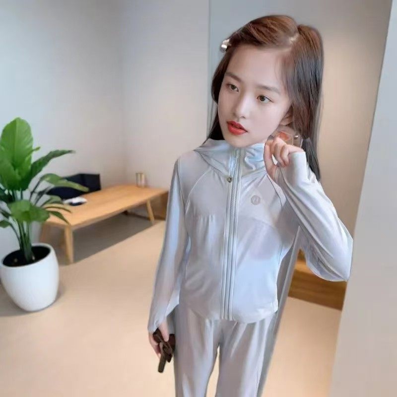 中大女童冰感防晒运动套装夏季修身连帽运动上衣裤子两件套装