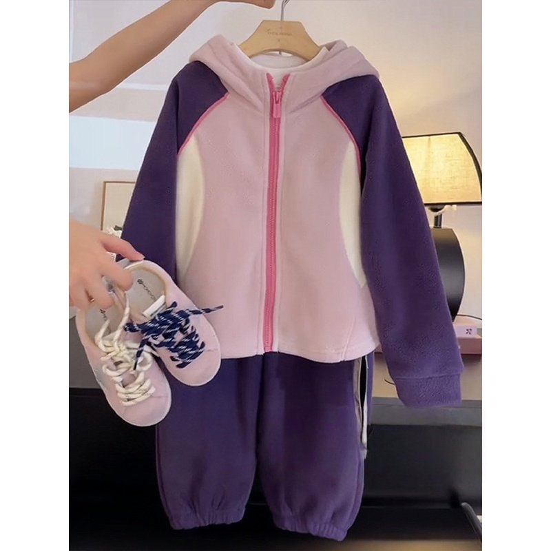 女童套装秋装2025新款洋气儿童加绒秋冬连帽女孩摇粒绒休闲两件套