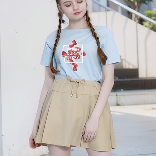 E家夏季 简约纯色系带松紧腰半身裙短裙女EEWH82515S 韩版