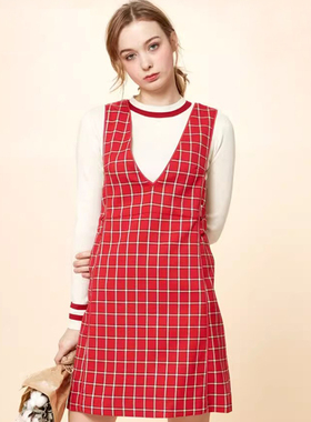 依恋春秋季韩版休闲深V设计撞色格纹收腰背带裙连衣裙EEOW82153A