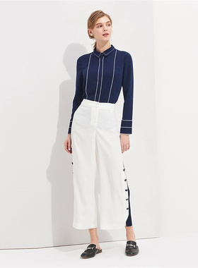 P家品牌撞白色夏季薄款高腰休闲长裤淑女装直筒阔腿裤PRTC82304M