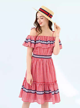 依恋女装法式吊带碎花裙夏季海边小众度假一字肩连衣裙EEOW925P1T