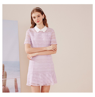 依恋品牌折扣 夏镂空花边泡泡袖轻熟蕾丝连衣裙EEOW924W1T