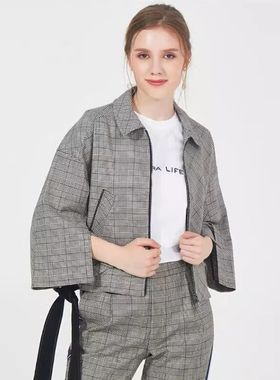 R家新时尚格纹系带修饰拉链西装字母时尚短款外套RCJK83804Q