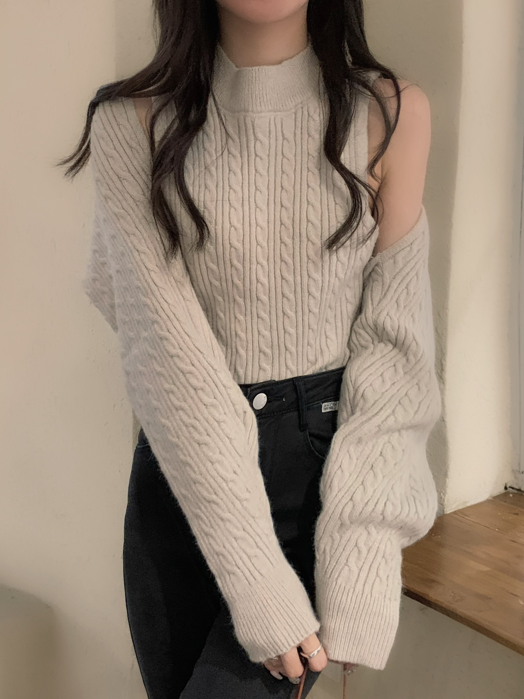 Real price autumn loose long sleeve knitted cardigan Top + knitted vest sling two-piece set