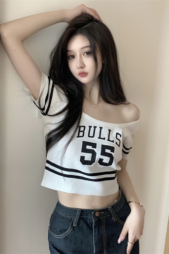 Real price sweet and spicy short style slim short sleeve T-shirt big neckline Spice Girl Top