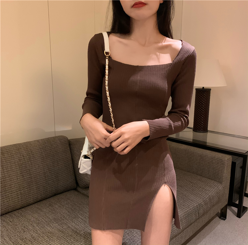 Real price new women's air style square neck split slim and buttock knitted dress