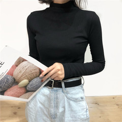Real shot real price Korean neck care slim rib and cashmere solid color simple base T-shirt