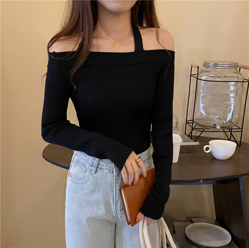 Real shooting real price Autumn Korean halter two wears small sexy design knitted sweater women's slim bottoming shirt sweater