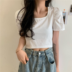 Real price retro square collar top Korean slim short T-shirt