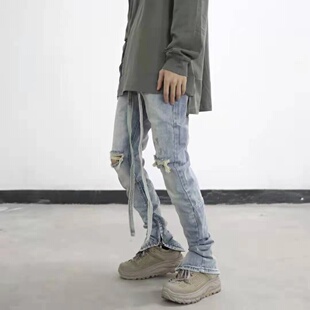 高街比伯同款FOG同款长飘带洗水做旧破洞裤脚拉链修身小脚牛仔裤