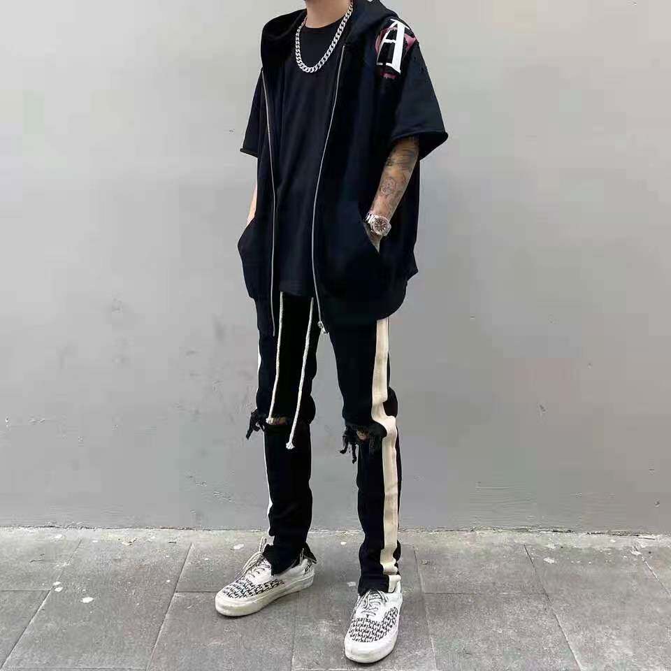 fog复古织带拼接破坏小脚拉链修身牛仔裤潮男嘻哈长裤明星同款潮