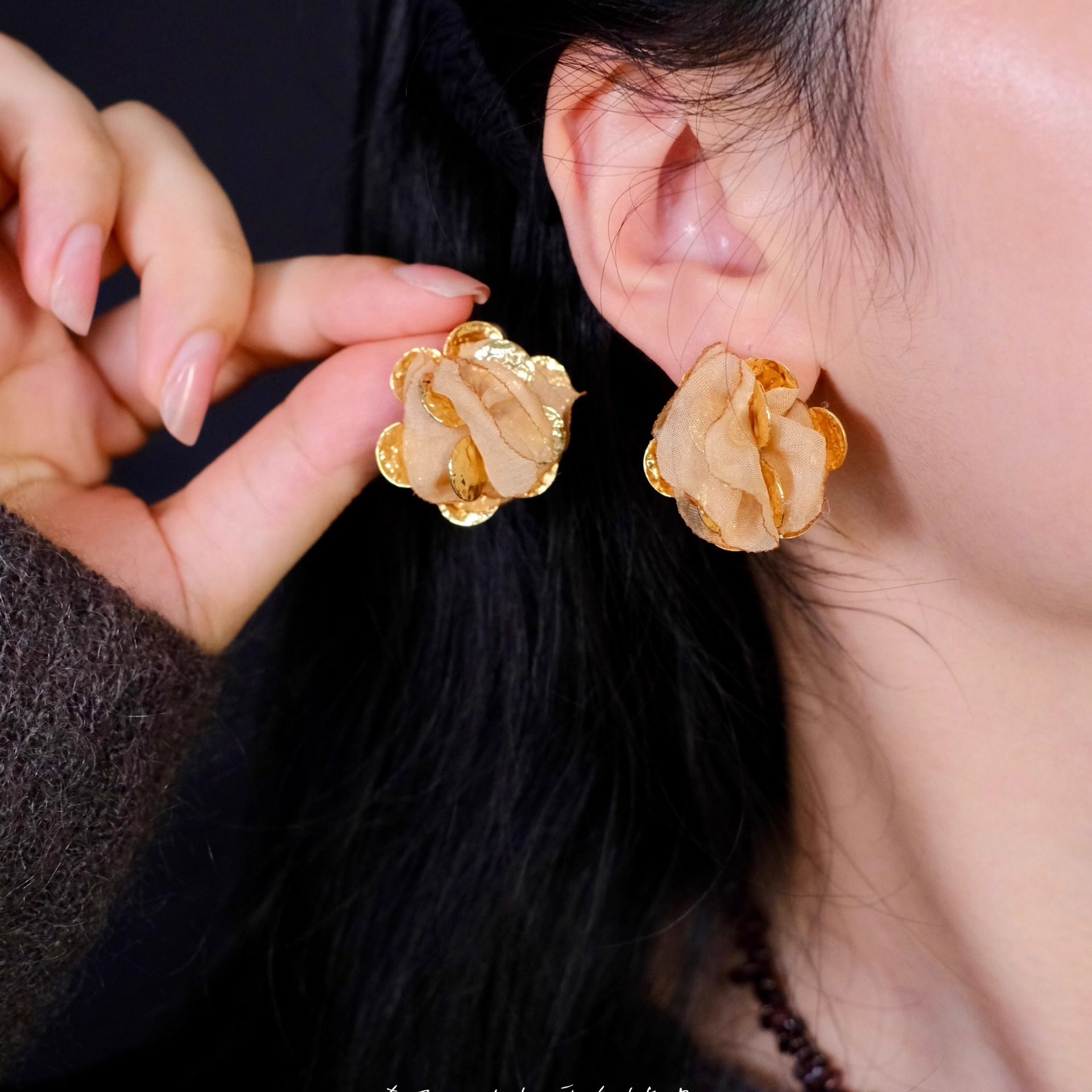 《黄昏花境》秋冬美拉德复古金色花朵网纱温柔耳环耳钉耳夹无耳洞